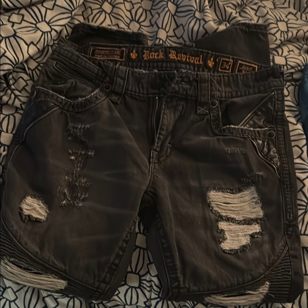 Rock Revival Distressed Gray Biker Denim Jeans